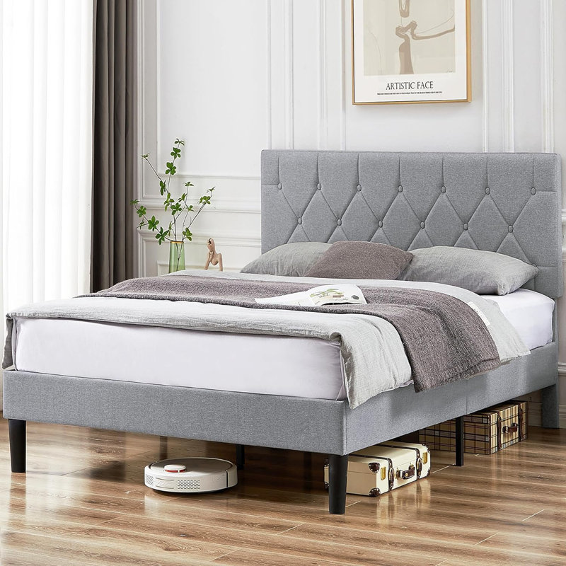 Grey Full Size Velvet Upholstered Platform Bed Frame with Diamond Tufted Headboard, No Box Spring Needed, Full, Gray