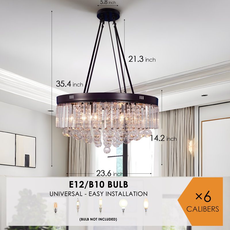 6-Light Modern Black Frame Dimmable Crystal Chandelier