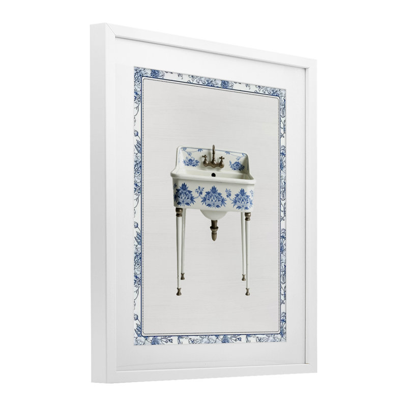 Lavabo rétro chinoiserie, impression sous verre encadrée, H 21 po x l 17 po, Cadre blanc côtier