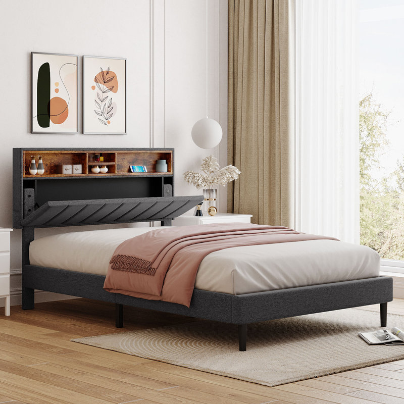  Upholstered Platform Bed with Storage Headboard and USB Port, Modern and Practical Linen Fabric Bed