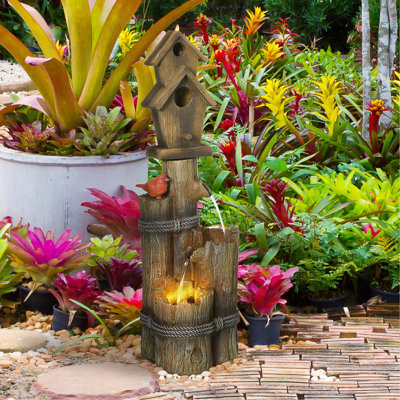 Fontaine d'extérieur avec cabane à oiseaux Outsunny, bain d'oiseaux en cascade avec tronc d'arbre rustique à 3 niveaux, lumières DEL pour porche, terrasse, décor de jardin, brun