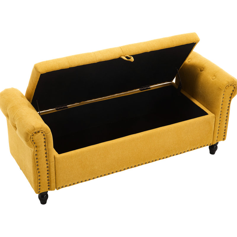 Banc rembourré pour chambre à coucher et salon. . Bouton. Capacité de 275 lb. Matériau en lin. Décoration de rivets. Traction. Tissu. Conception.