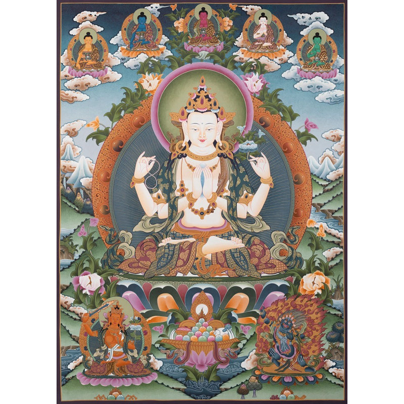 Large Chengrizig With 5 Buddhas (Brocadeless Thangka)