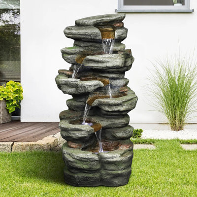 Fountains 6-Tier LED Indoor Outdoor Rock Waterfall Fountain, For Patio Garden | Resin | Rock Waterfall