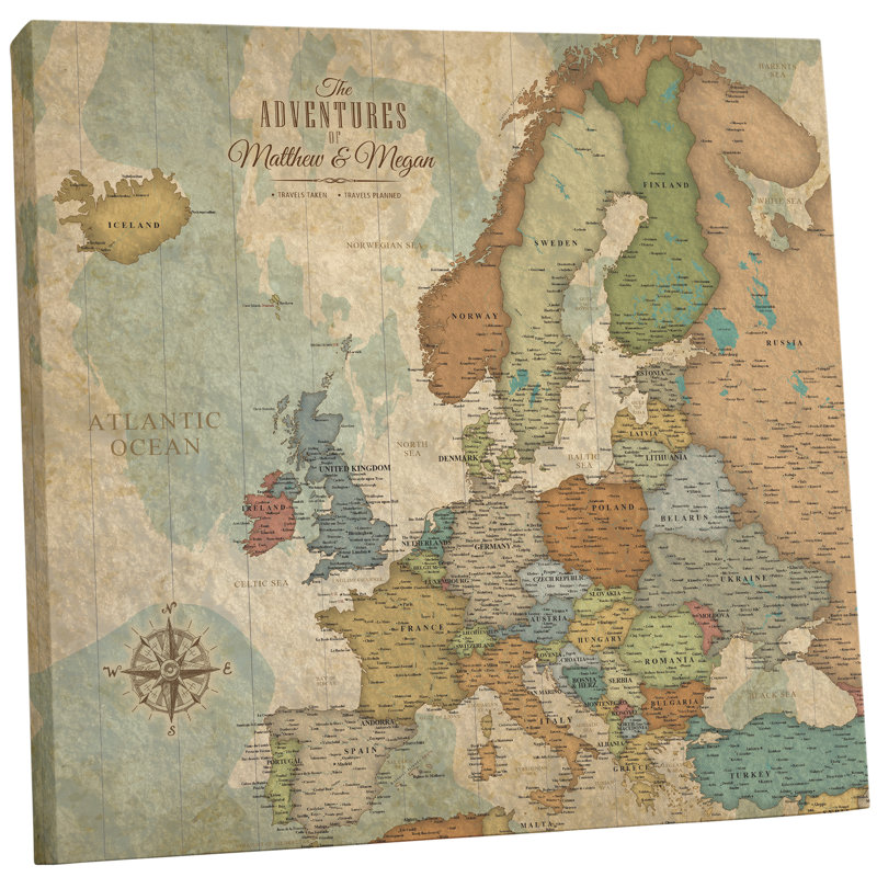Carte de voyage personnalisée avec punaise d'époque, H 25,5 po x l 25,5 po x P 2 po, Yes