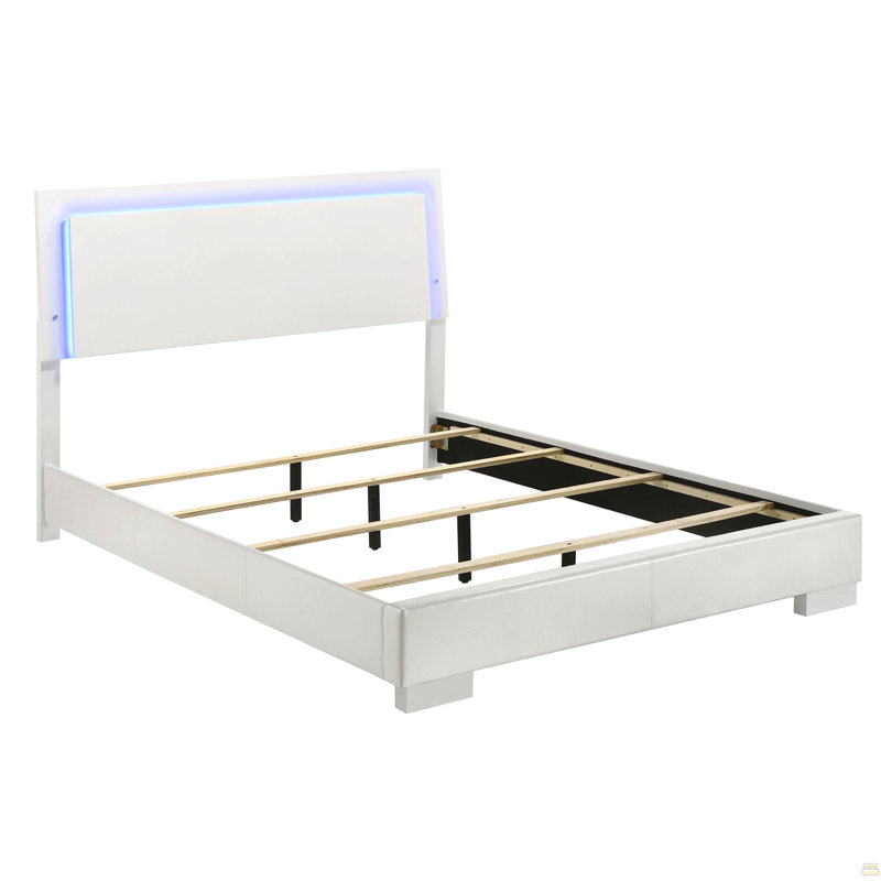 High Gloss Wood Queen LED Panel Bed, Queen, White