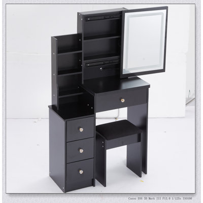 Ensemble de coiffeuse compacte avec miroir à DEL, rangement coulissant et tabouret rembourré pour les petits espaces