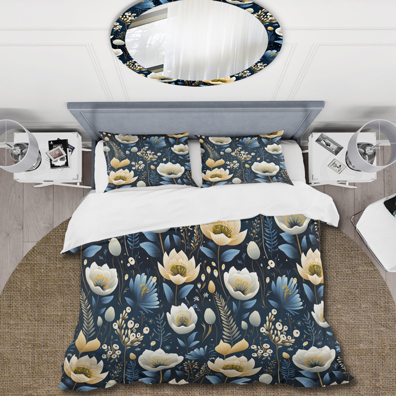Ensemble de housse de couette à motif floral bohème chic ivoire et bleu, Housse de couette pour très grand lit et 2 très