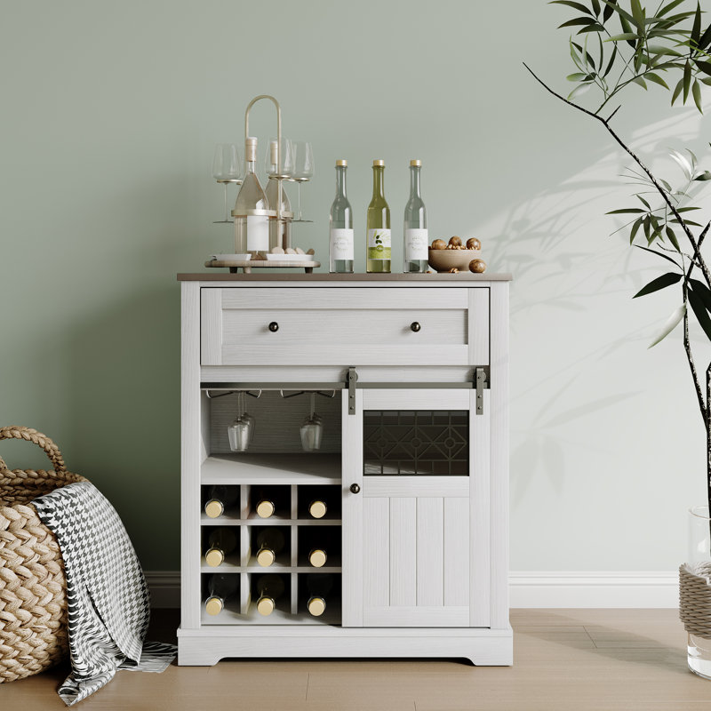 White 32''Farmhouse Coffee Bar Wine Cabinet Kitchen Storage Buffet Cabinet With Drawers & 9 Wine Glass Rack, White