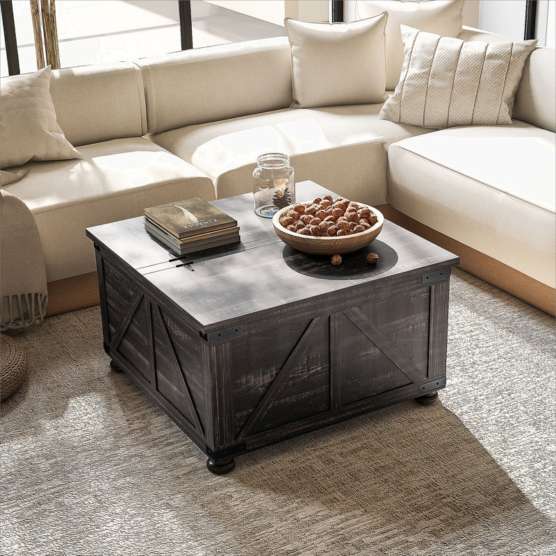Table basse Farmhouse avec rangement, grande table basse carrée, brun