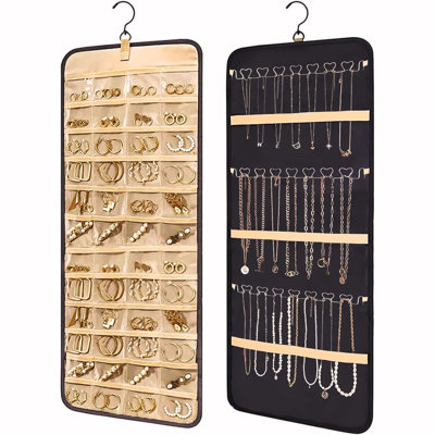 Hanging Jewellery Organizer Storage Roll with Hanger Metal Hooks Double-Sided Jewellery Holder for Earrings, Necklaces, Rings on Closet, Wall, Door