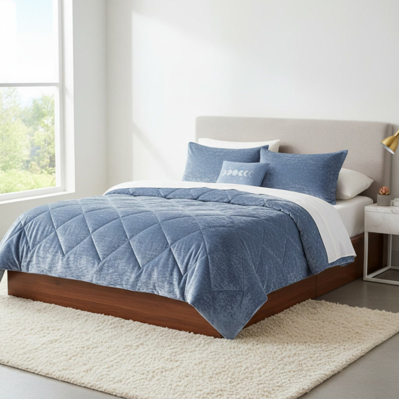Ensemble d'édredon en velours double / grand avec coussin décoratif, L 90 po x l 90 po