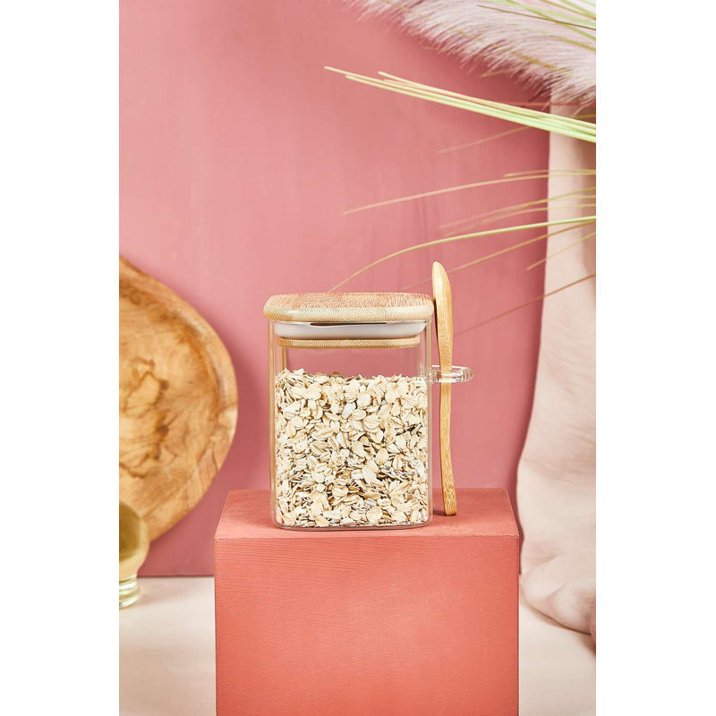 Ensemble de pots en verre stylés (3 pièces) avec couvercle et cuillère en bambou | 3,9 po x 3,1 po | Verre 100% sans BPA, parfait pour le rangement et l'organisation de la cuisine | Conception élégante et transparente, ne va pas au micro-ondes ni au lave-vaisselle