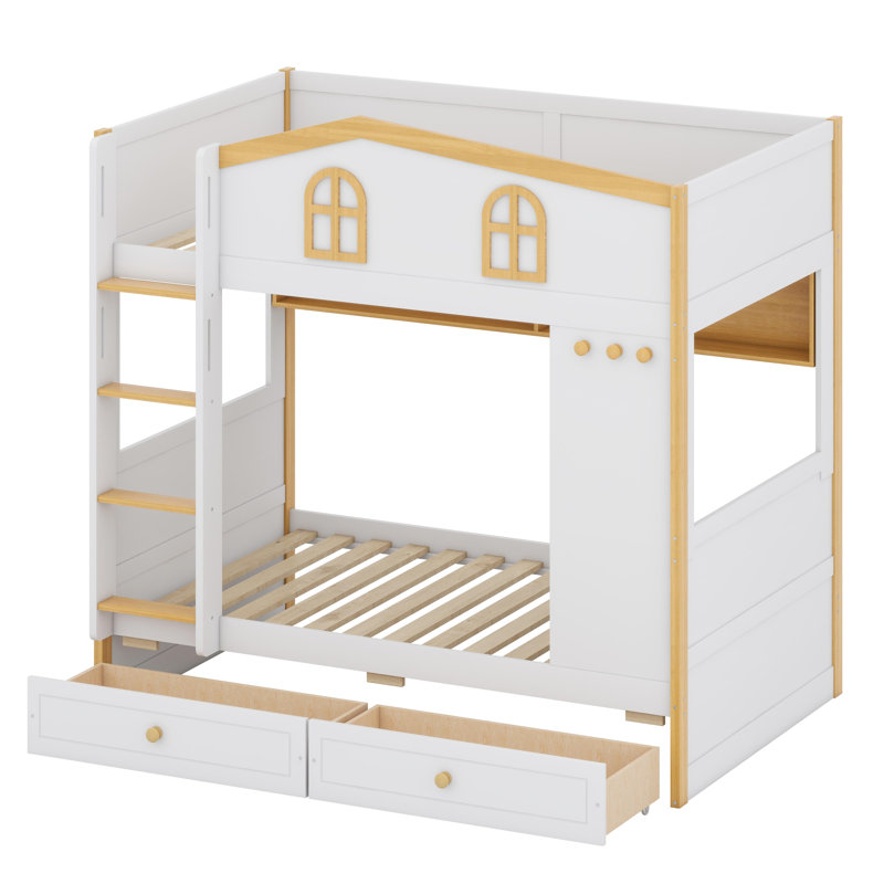 House-Shaped Bunk Bed Featuring Integrated Shelves and Drawer Storage