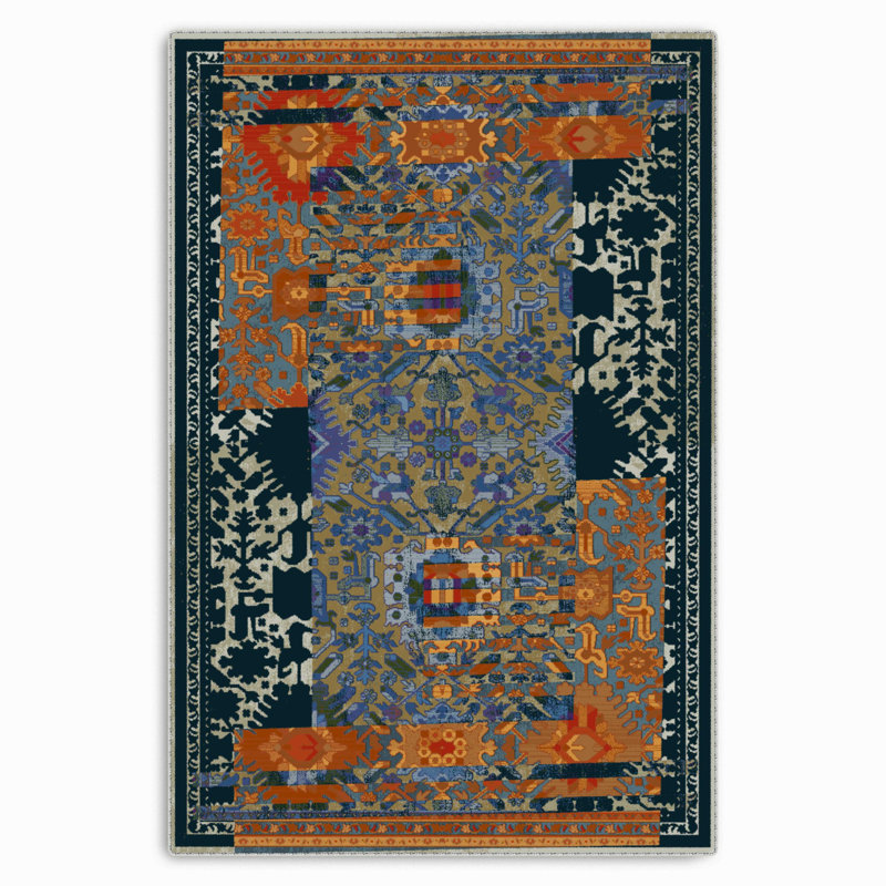 Vintage Look Middlefield Orange Navy Moroccan Cotton Chenille Area Rug, Runner 3'4" x 11'6"