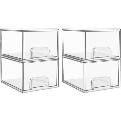 4 Pack Clear Stackable Storage Drawers, 4.4'' Tall Acrylic Bathroom Makeup Organizer,Plastic Storage Bins For Vanity, Undersink, Kitchen Cabinets, Pantry, Home Organization