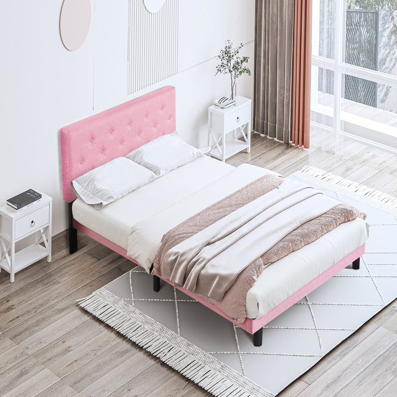 Full Size Upholstered Bed Frame In Pink With Linen Headboard - No Box Spring Required, Easy To Assemble, Robust Structure Button Installation, 500 Lbs Limit