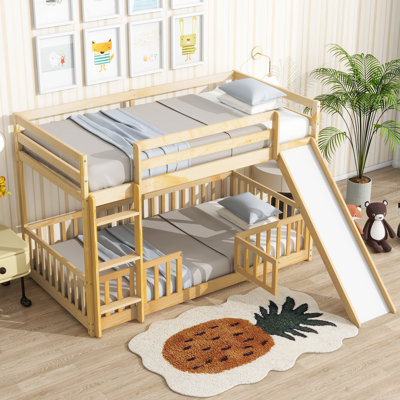 Twin Over Twin Floor Bunk Bed With Slide, Ladder, Door, Safety Guardrails, Solid Pine Wood Bunk Bed ,Grey