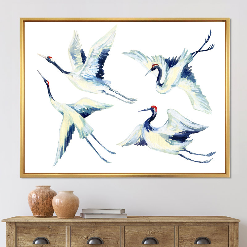 Asian Crane Bird Impression - peinture sur toile, Encadrement doré, H 16 po x l 32 po x p 1 po