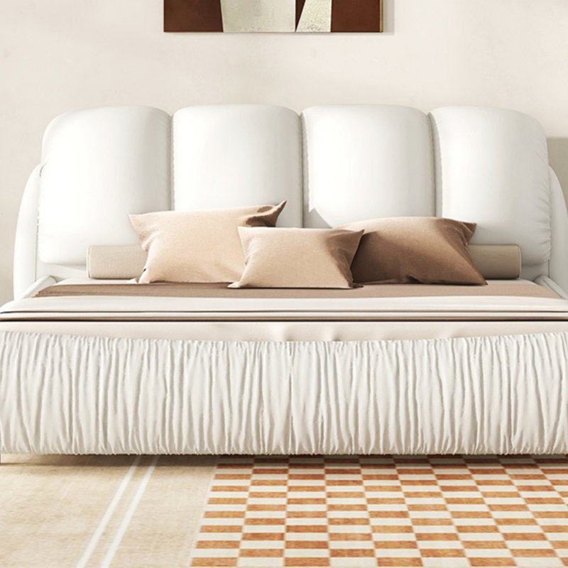 King Size Luxury Upholstered Bed With Thick Headboard, Leather King Bed With Oversized Padded Backrest, Bed Frame
