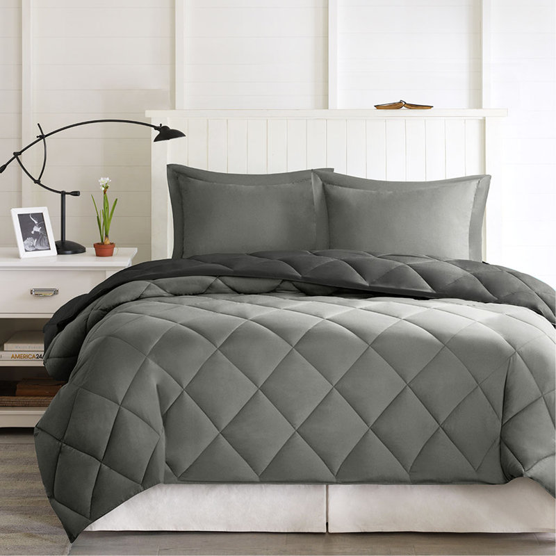 Ensemble d'édredon en duvet synthétique réversible pour lit simple Scotchgard, Édredon simple + 1 taie décorative, Noir/gris