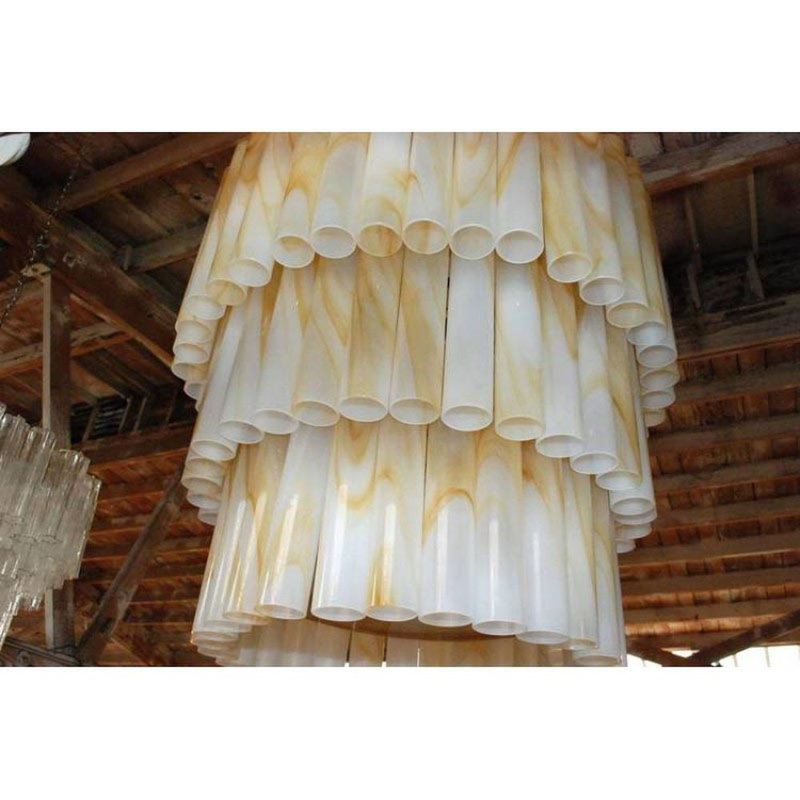 Lustre en marbre Murano Tubes, Noir / givré, Laiton poli, 50 po de diamètre x 60 po de hauteur