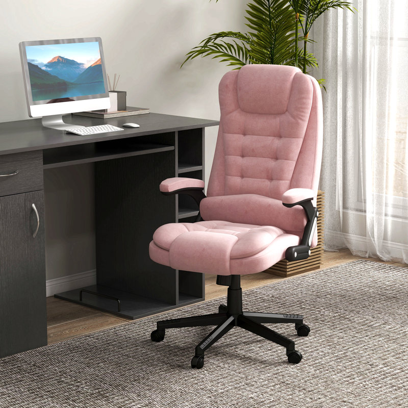 Fauteuil de bureau vibrant rose à 6 points de massage, avec dossier chauffant, dossier haut inclinable, accoudoirs rembourrés et télécommande