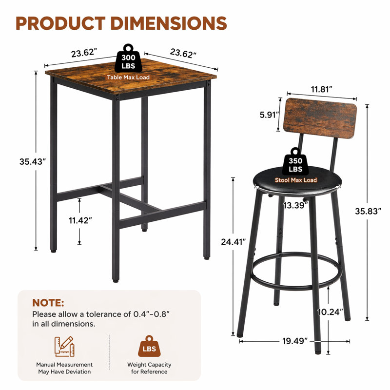 3-Piece Counter Height Round Bar Table Set,   Brown, Rustic Brown/Black
