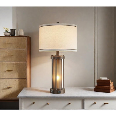 Farmhouse Table Lamps For Living Room With 2 USB Charging Ports, Vintage Rustic Nightstand Lamp With Amber Glass Nightlight, Retro Desk Lamp For Bedroom Entryway, 2 Bulbs Included