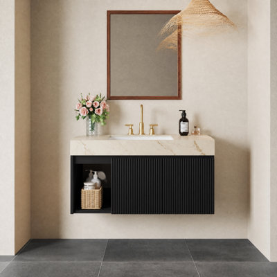 Meuble-lavabo suspendu cannelé de 91 cm (36 po) avec comptoir en pierre frittée veinée crème et or et lavabo encastré, 3 trous prépercés pour robinetterie, noir