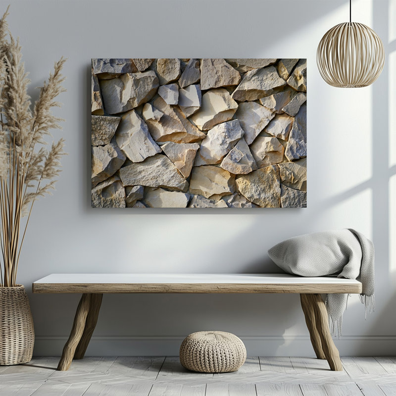 Toile vue de près d'un mur texturé avec art mural irrégulier en forme de morceaux de pierre angulaires de couleur beige doux