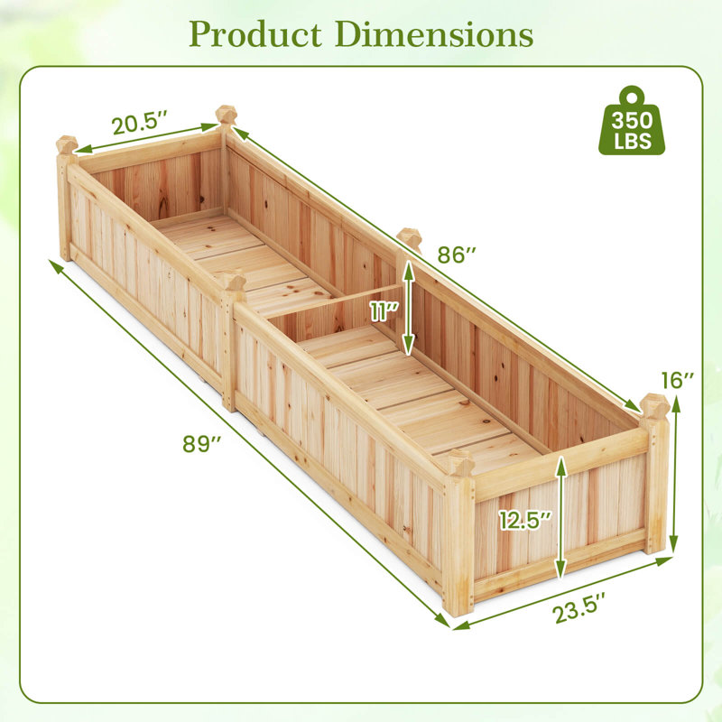 Jardinière en bois surélevée pour jardin rectangulaire avec trous de drainage, naturel