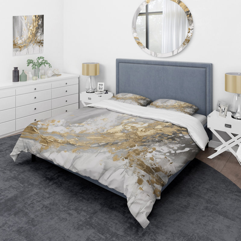 Ensemble de housse de couette en microfibre / polyester or et blanc, Housse de couette pour grand lit et 2 taies décor