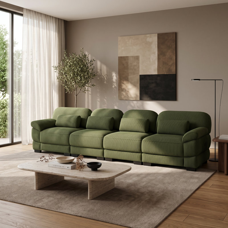 Canapé modulable 4 places vert en velours côtelé à larges côtes, avec assises profondes et dossiers à coussins., 4 Seat