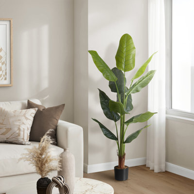 Strelitzia artificiel de 150 cm de haut, au toucher réaliste, plante d'intérieur en pot noir.