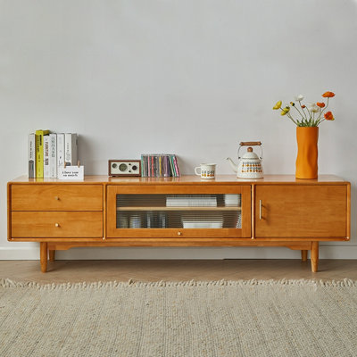 Retro Solid Wood TV Console Sliding Glass Door Multi Functional Storage Media Stand