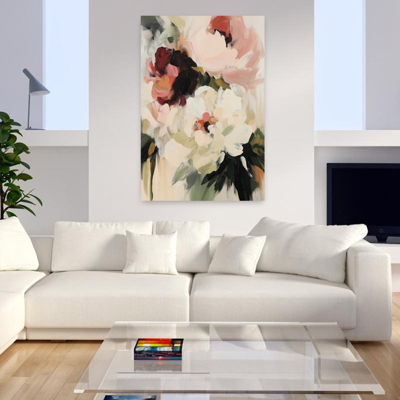 Pivoine blanche et rose abstraite, 48" H x 32" W