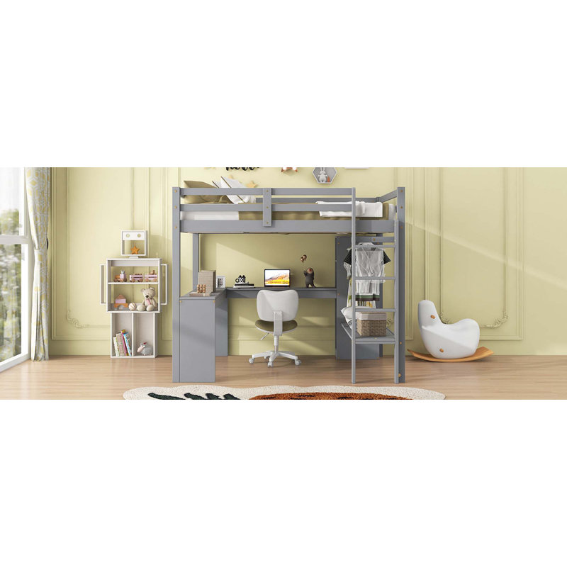 Lit mezzanine avec bureau en L, garde-robe et tablettes de rangement, Gris, Lit double