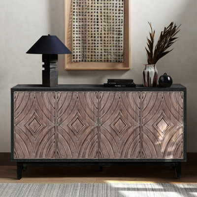 Mid Century Buffet Cabinet With 4 Special Pattern Doors And 2 Shelves - Accent Storage Sideboard Unique Door Patterns For Various Spaces
