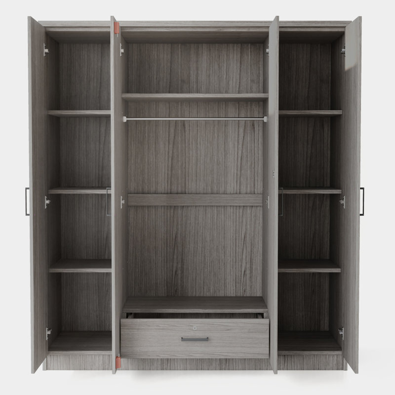 Commode grise, armoire avec tablettes