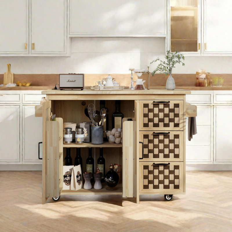 Checkerboard Pattern Design Kitchen Island with Drop Leaf