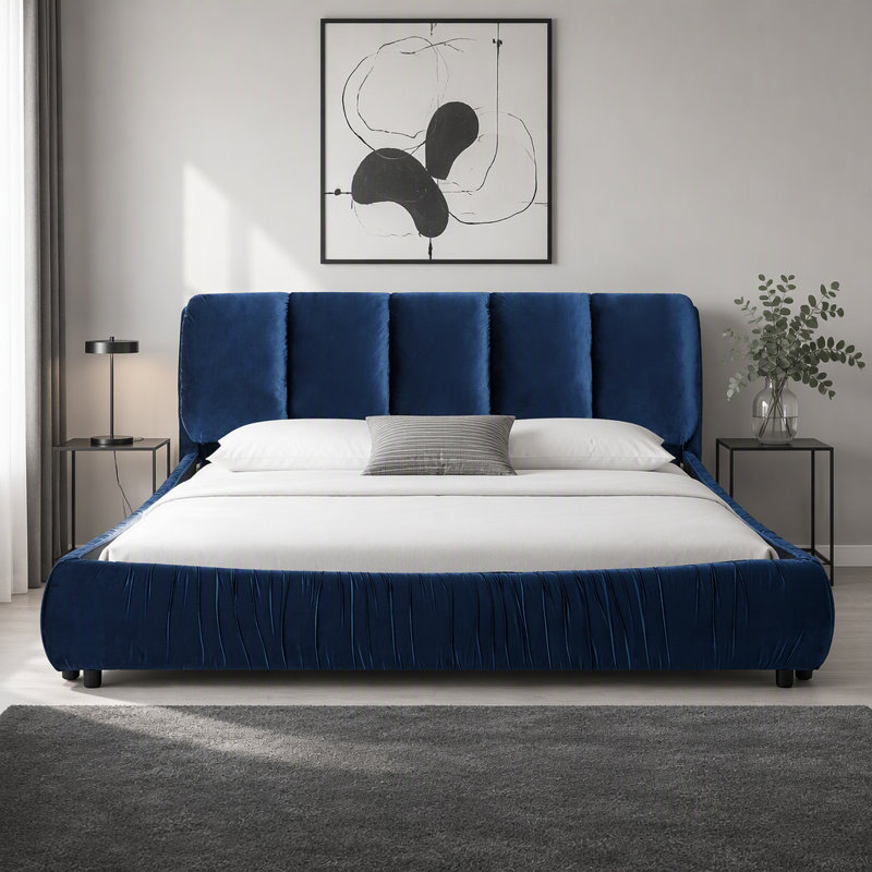 Structure de lit tapissier, lit plateforme moderne avec tête de lit, Très grand lit, Bleu très foncé