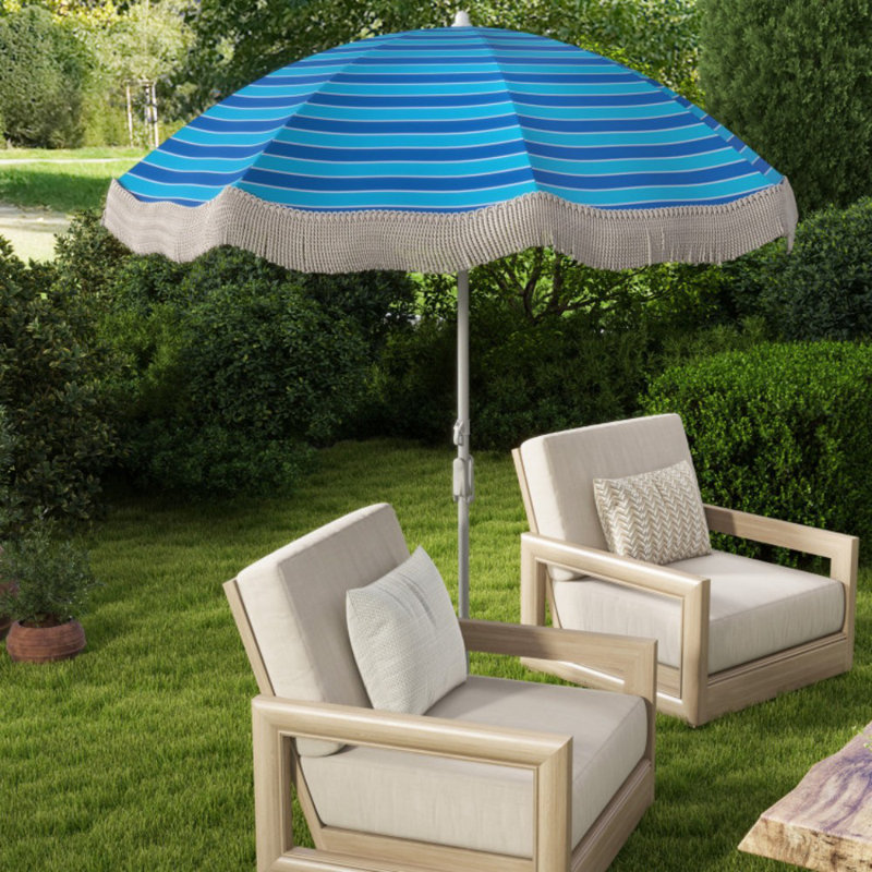 6.5 FT Beach Umbrella With Fringe Outdoor Tassel Umbrella With Push Button Tilt