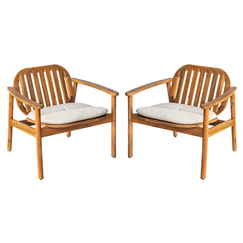 Fauteuil club de 2 avec coussins beiges, structure en bois, pieds en eucalyptus, siège courbé et à lattes de style moderne, idéal pour la détente en plein air