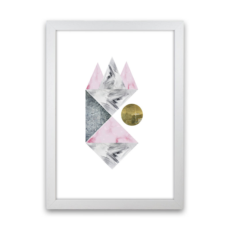 Luna Side Moon Pink And Grey Triangles Abstract by Pixy Paper - Print, 59.4cm H x 42cm W x 3cm D, White Framed