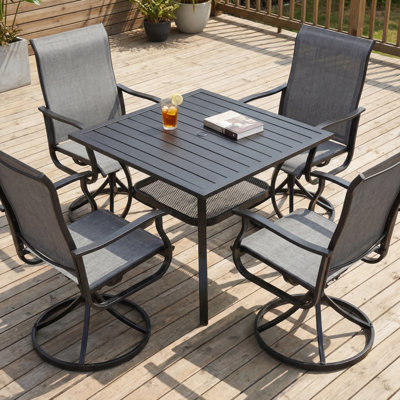 4-Person Patio Dining Set with Square Metal Dining Table and Swivel Rocker Dining Chairs (Grey)