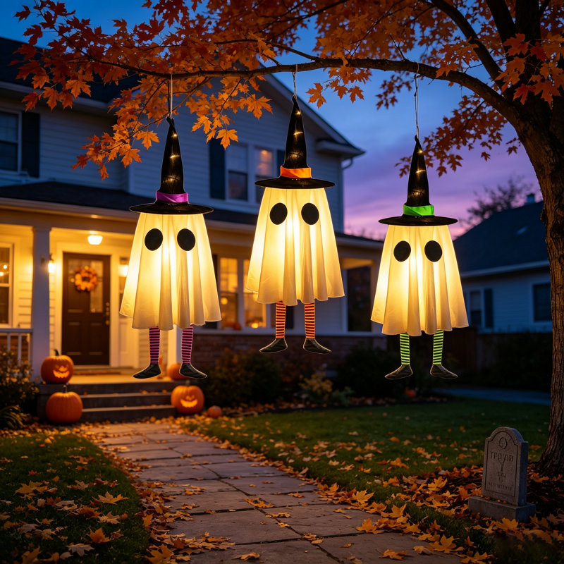 Ensemble de 3 fantômes lumineux suspendus de 23,6 po avec un chapeau de sorcière, décorations d'Halloween fantômes, décorations d'Halloween à suspendre pour la véranda