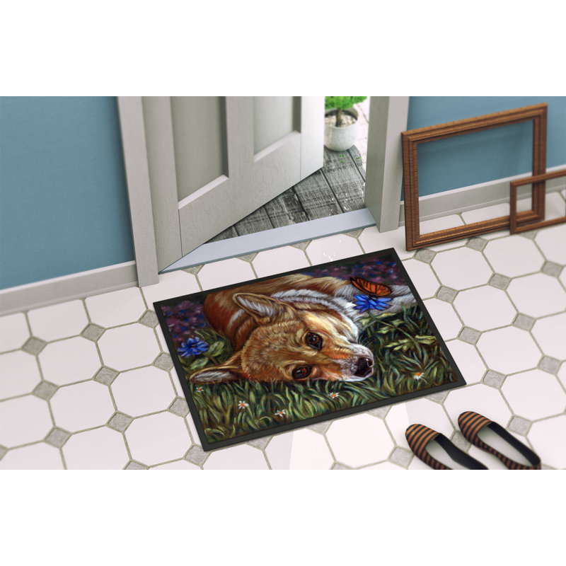 Tapis de porte d’extérieur antidérapant à papillon pastel corgi, 1 pi 6 po x 2 pi 3 po