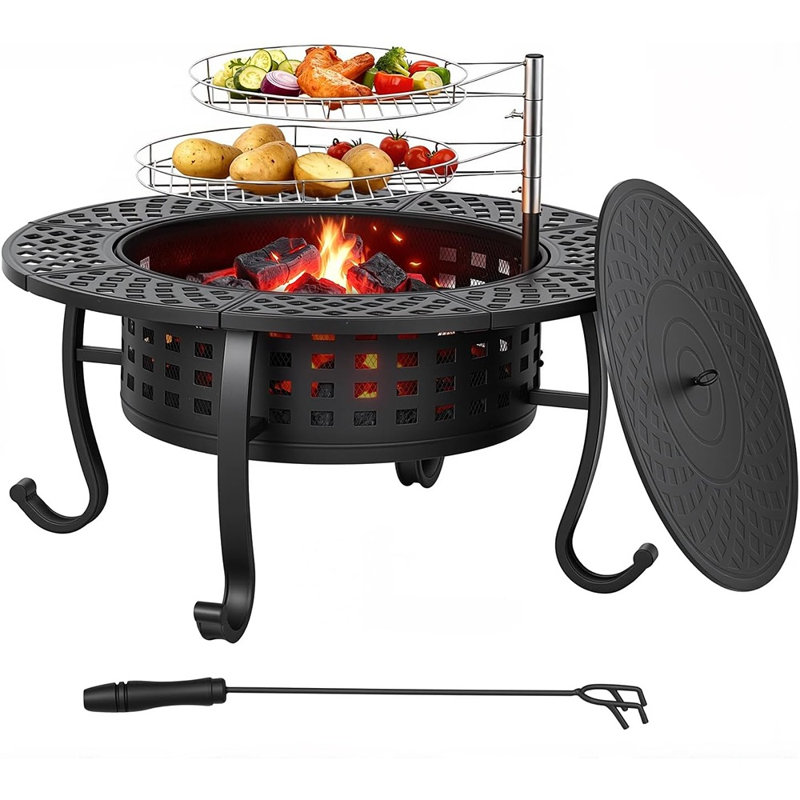 36 Inch Fire Pit With 2 Adjustable Bbq Grills, Lid & Fire Poker – 3-in-1 Outdoor Fire Pit Table For Patio & Backyard
