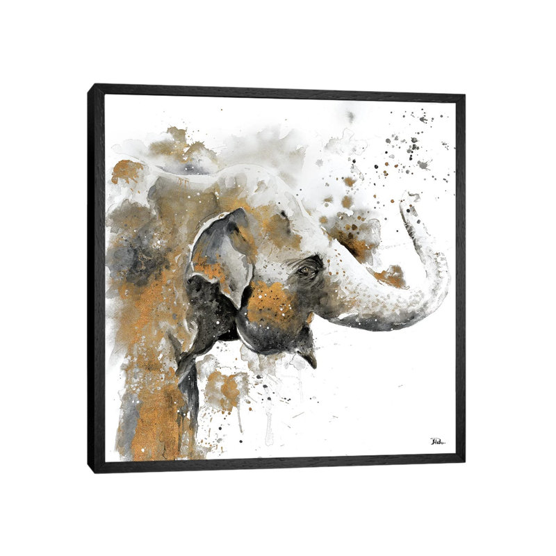 Water Elephant With Gold by Patricia Pinto - Print on Canvas, Black Floater Frame, 45.72 cm H x 45.72 cm W